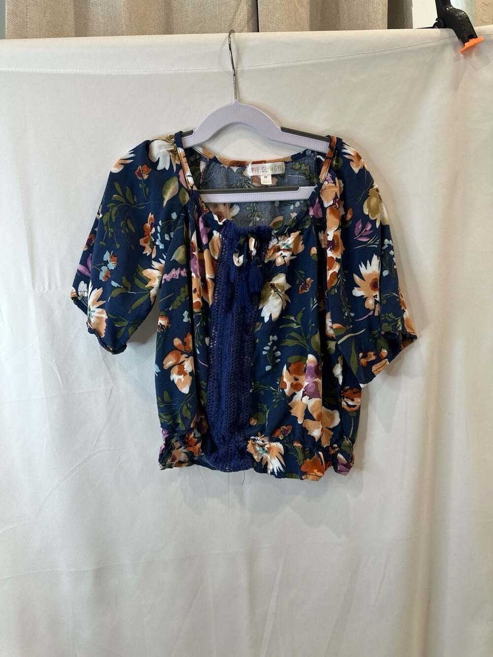 Love Glam Girl Floral Rayon Peasant Blouse with Crochet Trim and Tassels